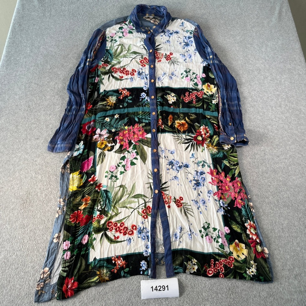 John Mark Tunic Women XL Blue Floral Peacock Mixed Media Plaid Button Down Shirt